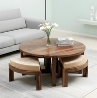 Nashville Sheesham Wood 4 Seater Coffee Table Set In Teak Finish Ivory Sparkle Velvet Cushion