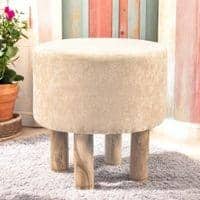 Morgan Solid Wood Pouf Stool in Ivory Sparkle Velvet Fabric