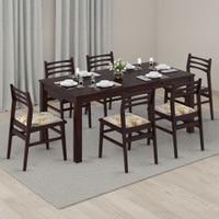 Arabia Leon Solid Wood 6 Seater Dining Table With Set Of 6 Chairs (Colour- Mustard Florals, Finish- Mahogany)