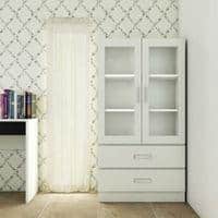 Paloma Large Crockery cum Bookshelf Cabinet with Toughened Glass Shutters and Drawers in Ivory Colour