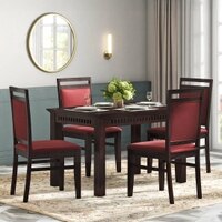 Fidora 4 Seater Dining Table With Set Of 4 Alaine Dining Chairs (Colour- Rococco Red, Finish- Teak)