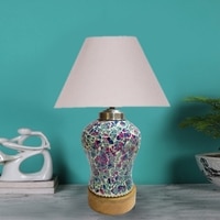 Devansh Conical  Grey Cotton Shade  Lamp With  Wood & Mosaicglass Base For Decoration /Office/Home/Gifting/Study For Decoration /Office/Home/Gifting/Study -(10X10X14.5) Inches -