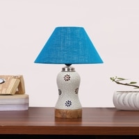 Devansh Conical Turquoise Jute Shade Lamp With Wood & Mosaic Glass Base For Decoration/Office/Home/Gifting/Study For Decoration/Office/Home/Gifting/Study -(10X10X14.5) Inches -A