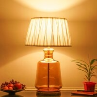 PAOLA  Amber Glass and Wood table Lamp With Tuck Plated White Cotton Shade