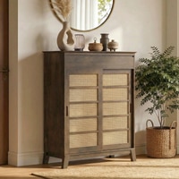 Fujiwara 20 Pair Solid Wood and Cane Shoe Cabinet With Drawer In Danish Walnut Finish