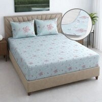 Reva Green Shade Floral 400 TC Cotton Fitted Super King Size Bedsheet with 2 Pillow Covers – Threads