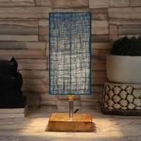 Flannery Turquoise Jute lamp with Square Natural Wood Base