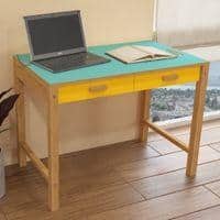 Exotica Kids Solid Wood Study Desk with Drawers and Wooden Handles in Misty Turquoise Mango Yellow Colour