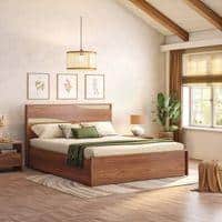 Karya Engineered Wood Queen Size Box Storage Bed In Wheat Brown Walnut Finish
