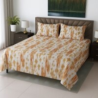 Cream Abstract 210 TC Mix Cotton Flat Super King Size Bedsheet With 2 Pilllow Covers From Threads