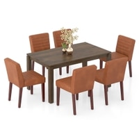 Atlas Solid Wood 6 Seater Compact Dining Table with set of 6 Ludo upholstered dining chair in Tan Leatherette