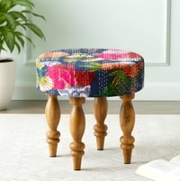 Roswell Sheesham Wood Mid Century Round Stool in Fruit Print Blue Kantha Upholstery