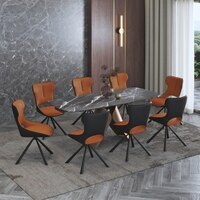 Aeris Ceramic 6 To 8 Seater Extendable Dining Table With 6 Tulip Dining Chairs (Finish : Black Jade, Chair Colour : Dual Tone)