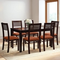 Floyd 6 Seater Dining Table Glass Top With 6 Zella Dining Chairs (Finish : Mahogany, Chair Colour : Burnt Orange)