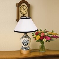 Devansh Conical White & Black  Cotton Shade Lamp With Wood & Mosaic Glass Base For Decoration/Office/Home/Gifting/Study For Decoration/Office/Home/Gifting/Study -(10X10X14.5) Inches -A