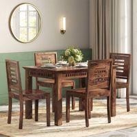 Fidora 4 Seater Dining Table With Set Of 4 Capra Dining Chairs (Finish- Teak, Colour- White)