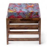 Houston Sheesham Wood Stool with Bird Print Grey Kantha Cushion