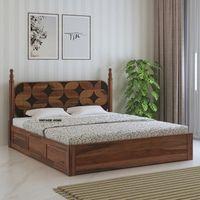 Rustic Sheesham Wood King Size Bed With Box Storage In Provincial Teak Finish