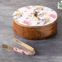 Allure Mango Wood Roti Box With Tong Pink
