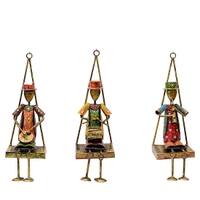 Desert Art Metal Handpainted Cap Jhula Musician Wall Hanging Set of 3