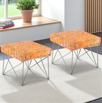 Asansol Sheesham Wood Mid Century Square Set of 2 Stools     in Bird Print Orange Kantha Upholstery