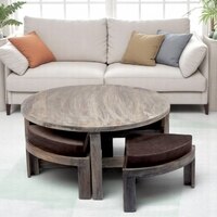 Nashville Sheesham Wood 4 Seater Coffee Table Set In Antique Grey Finish Grey Velvet Cushion
