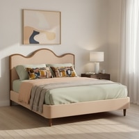 Solara Wave Luxe Queen Size Bed in velvet With Oak wood Frame & Hydraulic Storage