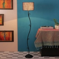 Dorah Blue Natural Fiber Floor Lamp with Black Iron Base