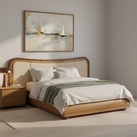 Elowen Softline Queen Size Bed in velvet With Oak wood Frame & Hydraulic Storage