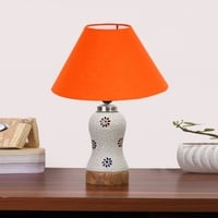 Devansh Conical Orange Cotton Shade Lamp With Wood & Mosaic Glass Base For Decoration/Office/Home/Gifting/Study For Decoration/Office/Home/Gifting/Study -(10X10X14.5) Inches -A