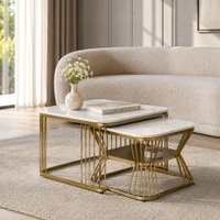 Metalhome Square Metal Nesting Coffee Table Set Gold Finish White Porcelain Top Set Of 2