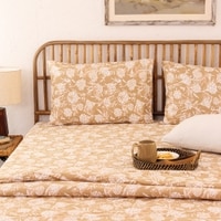 Genda Phool 1 Double Bed Sheet & 2 Pillow Covers + 1 Double Dohar with Beige colour