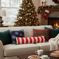 Streaky Knitted Oblong Pillow Cover With Pom Poms  Red Natural 35X7 Inches