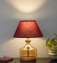 Alexandro Amber Lustere Glass And Wood Table Lamp With Maroon Cotton Shade