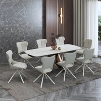 Aeris Ceramic 6 To 8 Seater Extendable Dining Table With 6 Tulip Dining Chairs (Finish : Rome Travertine, Chair Colour : Cream)
