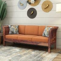 Haveli 3 Seater Wooden Sofa (Orange Colour, Teak Finish)