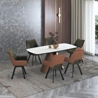 Aeris Ceramic 4 To 6 Seater Extendable Dining Table With 4 Casey Dining Chairs (Finish : Rome Travertine, Chair Colour : Olive & Tan)