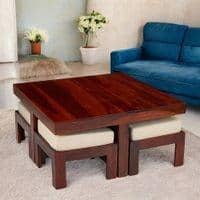 Blane Sheesham Wood Accent Coffee Table Set With 4 Stools In Honey Finish