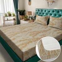 Beige Floral 180 TC Fitted 1 King  Bedsheet with 2 Pillow Covers