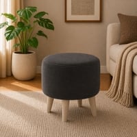 Doe Buck Parker Velvet Round Ottoman Stool in Grey Colour with Wooden Legs