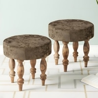 Roswell Sheesham Wood   Round Set of 2 Stools in Green Sparkle Velvet Upholstery