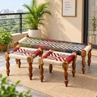 Hamilton Sheesham Wood Vintage 3 Seater Maachi Balcony Bench with 2 Stools in Multi Colour and White