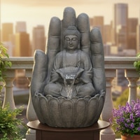Dark Grey Fiber Glass Palm Buddha Indoor Water Fountain