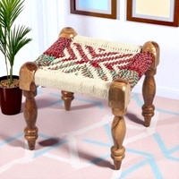 Riaza Sheesham Wood Maachi Stool in Assorted Multi-Colour Chindi & White Rope Canning