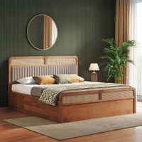 Hanoi Solid Wood Cane King Size Hydraulic Storage Bed In Amber Walnut Finish with Shitake Beige Colour
