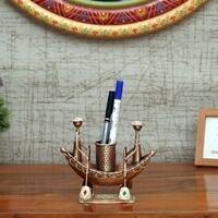 Desert Art Metal Handpainted Golden Boat Pen Stand