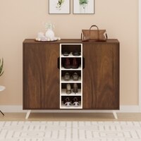 BLUEWUD Furlyn Engineered Wood Dual Tone 2 Doors Shoe Rack Cabinet Slipper Footwear Stand Organizer with Handle Less Desgin & 5 Closed Shelves can Store Up to 25 Pairs for Home (Brown Maple & White)