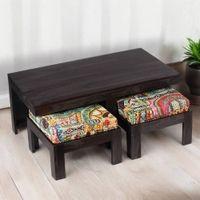 Irish Sheesham Wood Coffee Table With 2 Stools Set In Mahogany Finish & Multi Colour Israel Print Kantha Fabric Cushions