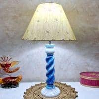 Asaga Handmade & Handpainted Blue& white Rope shape Wooden Table lamp with Hanpainted Floral design on Cotton Beige shade