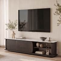 Nami Solid Wood And Aravali Marble TV Cabinet In  Dark Chestnut Finish